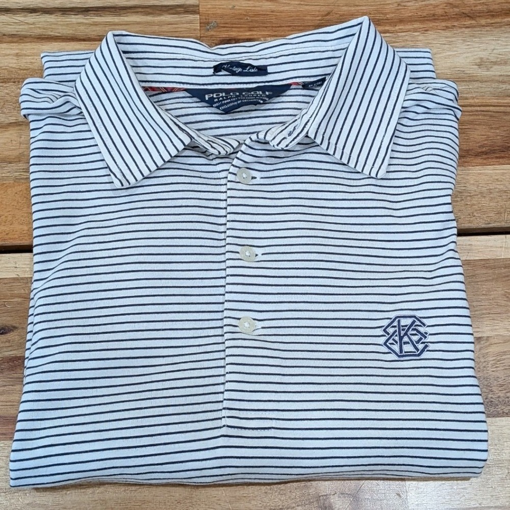 Polo Golf Ralph Lauren Mens Large White Navy Stripe Vintage Lisle Golf Polo